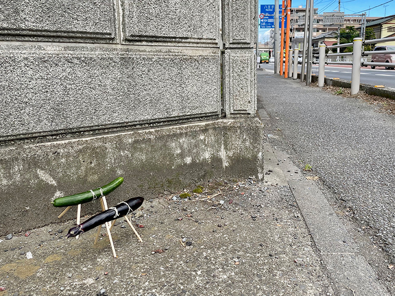 お盆の迎え火の跡と精霊馬があった写真