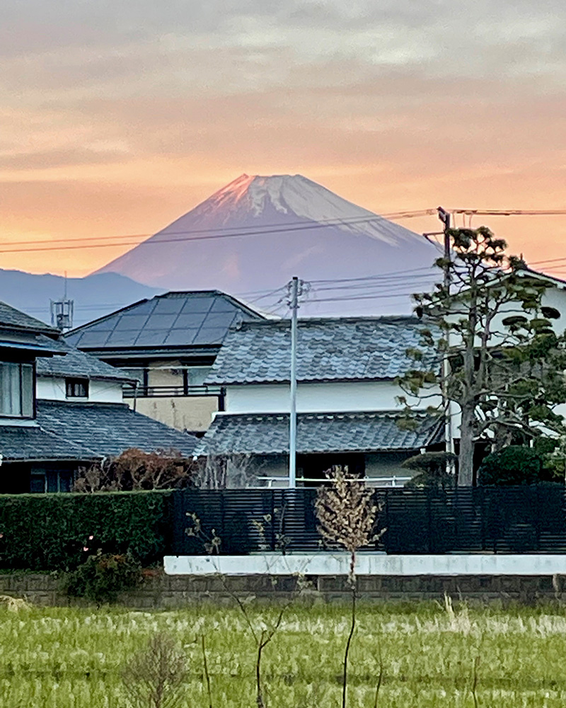 オレンジに染まる富士山の写真