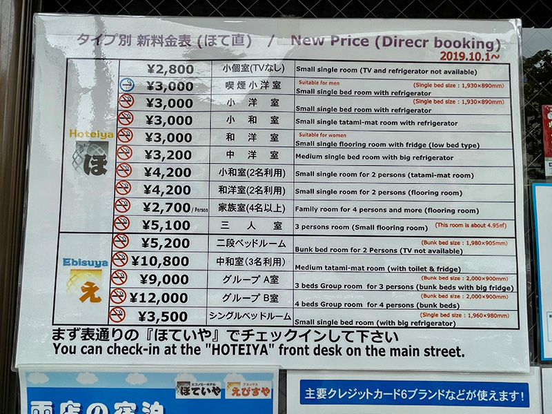 ホテルの料金表は英文併記、クレジットもOKの写真