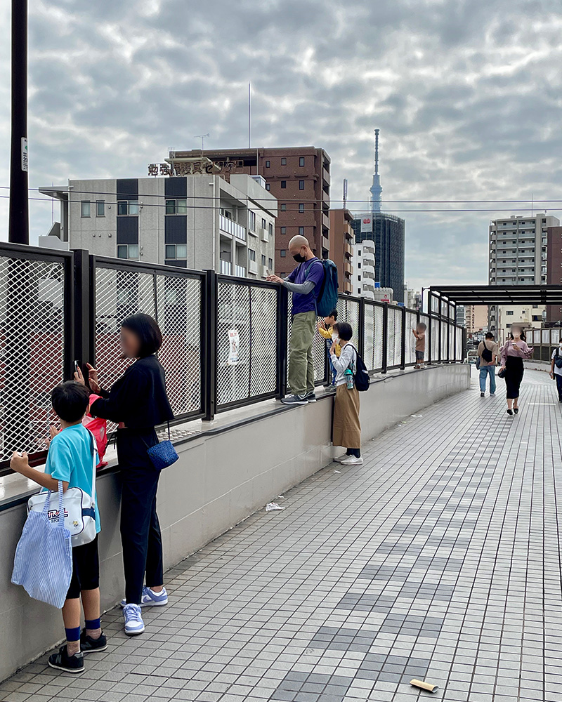 歩道橋の上は親子連れでにぎやかだった写真